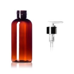 Amber PET Boston Bottle - Silver Metal Shell and White Dispensing Pump