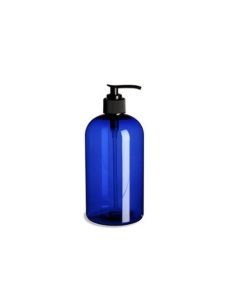 16 oz Blue Boston Round Plastic Bottle w/ Black Pump Top