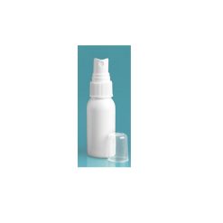 1 oz Plastic Bottles, White HDPE Cosmo Round Bottles w/ White Polypropylene Fine Mist Sprayers