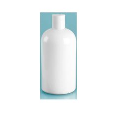 16 oz Plastic Bottles, White PET Round Bottles w/ White Disc Top Caps