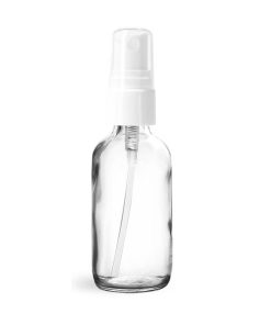 2 oz Glass Bottles, Clear Glass Boston Round Bottles w/ White Smooth Fine Mist Sprayers