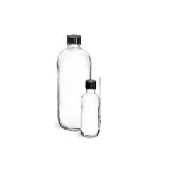 4 oz Glass Bottles, Clear Glass Rounds with Black Phenolic Cone Lined Caps