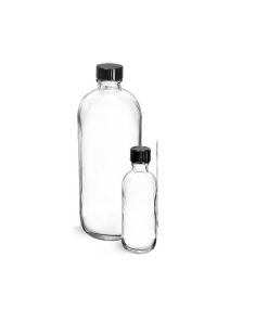 2 oz Glass Bottles, Clear Glass Rounds with Black Phenolic Cone Lined Caps