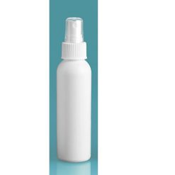 4 oz Plastic Bottles, White HDPE Cosmo Round Bottles w/ White Polypropylene Fine Mist Sprayers