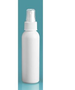 4 oz Plastic Bottles, White HDPE Cosmo Round Bottles w/ White Polypropylene Fine Mist Sprayers