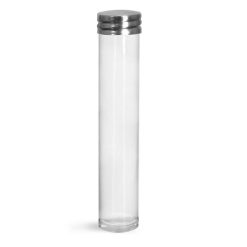 25 ml Plastic Tubes, Clear Plastic Round Tube w/ Silver Metal Screw Threaded Lined Cap