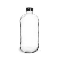 32 oz Glass Bottles, Clear Glass Rounds with Black Phenolic Cone Lined Caps