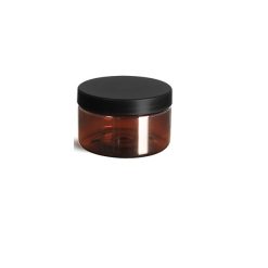 Plastic Jars, Amber PET Heavy Wall Jars w/ Frosted Black Lined Plastic Caps