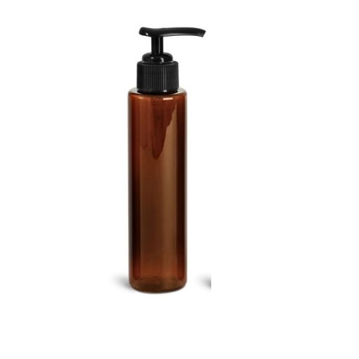 4 oz w/ Black Ribbed Plastic Bottles, Amber PET Slim Line Cylinders With Ribbed Sprayers