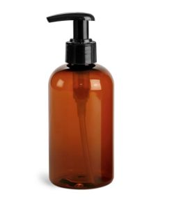 8 oz Amber PET Boston Rounds w/ 2 cc Black Lotion Pumps
