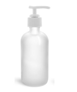 8 oz Glass Bottles, Frosted Glass Boston Round Bottles w/ White Pumps