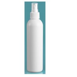 8 oz Plastic Bottles, White HDPE Cosmo Round Bottles w/ White Polypropylene Fine Mist Sprayers
