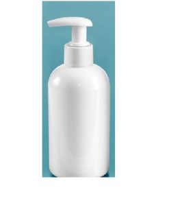 8 oz Plastic Bottles, White PET Boston Rounds w/ 2 cc White Lotion Pumps