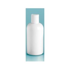 8 oz Plastic Bottles, White PET Round Bottles w/ White Disc Top Caps