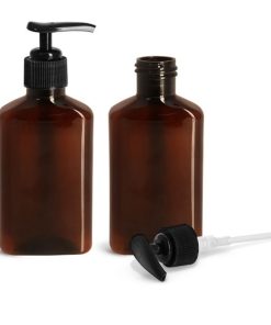 8 oz Plastic Bottles, Amber PET Cosmo Round Bottles With Black Lotion Pumps & Treatment Pumps