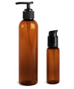 2 oz Plastic Bottles, Amber PET Cosmo Round Bottles With Black Lotion Pumps & Treatment Pumps