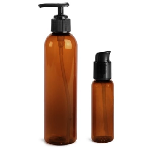2 oz Plastic Bottles, Amber PET Cosmo Round Bottles With Black Lotion Pumps & Treatment Pumps