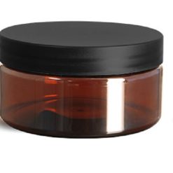 8 oz Plastic Jars, Amber PET Heavy Wall Jars w/ Frosted Black Lined Plastic Caps