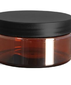 8 oz Plastic Jars, Amber PET Heavy Wall Jars w/ Frosted Black Lined Plastic Caps