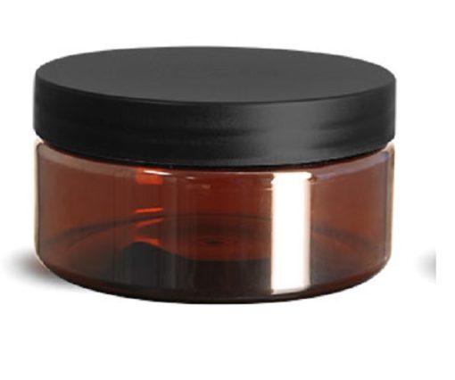 8 oz Plastic Jars, Amber PET Heavy Wall Jars w/ Frosted Black Lined Plastic Caps